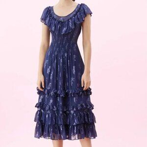 Rebecca Taylor Metallic Star Silk Ruffle Hem Midi Dress